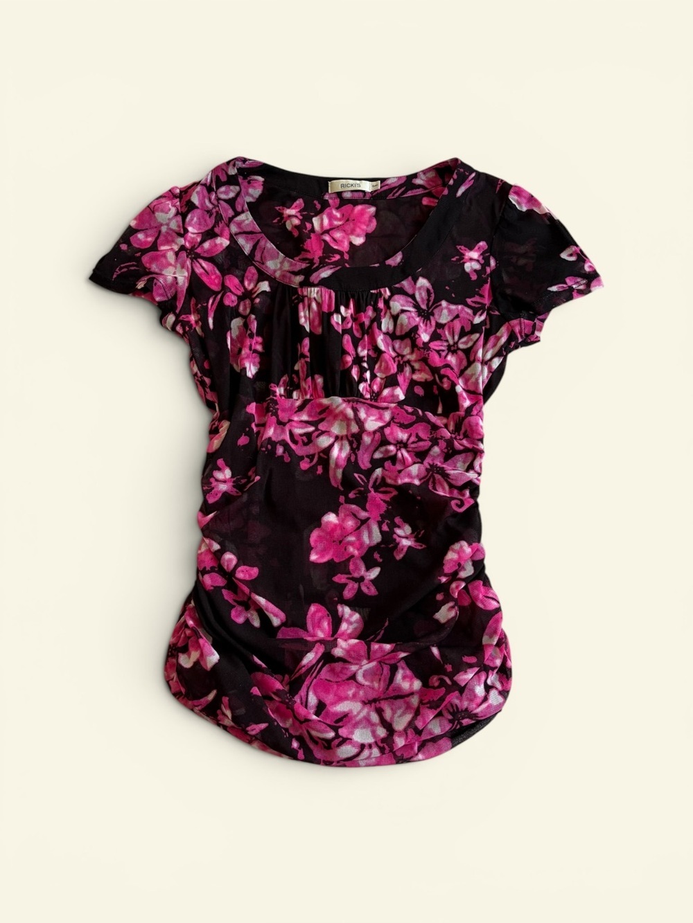Vintage Y2K Ricki's Pink Black Floral Mesh Ruched Top Sheer Cap Sleeve Women's S